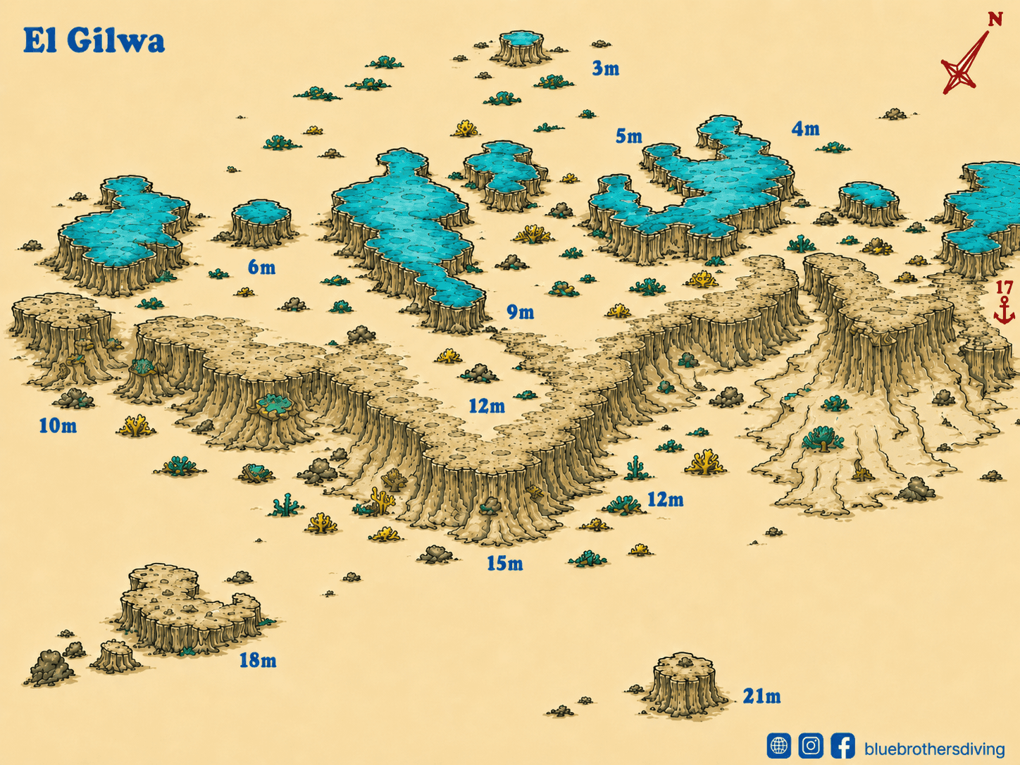 Isometric map of the El Gilwa desert with sand dunes, wadis, and elevation markers.