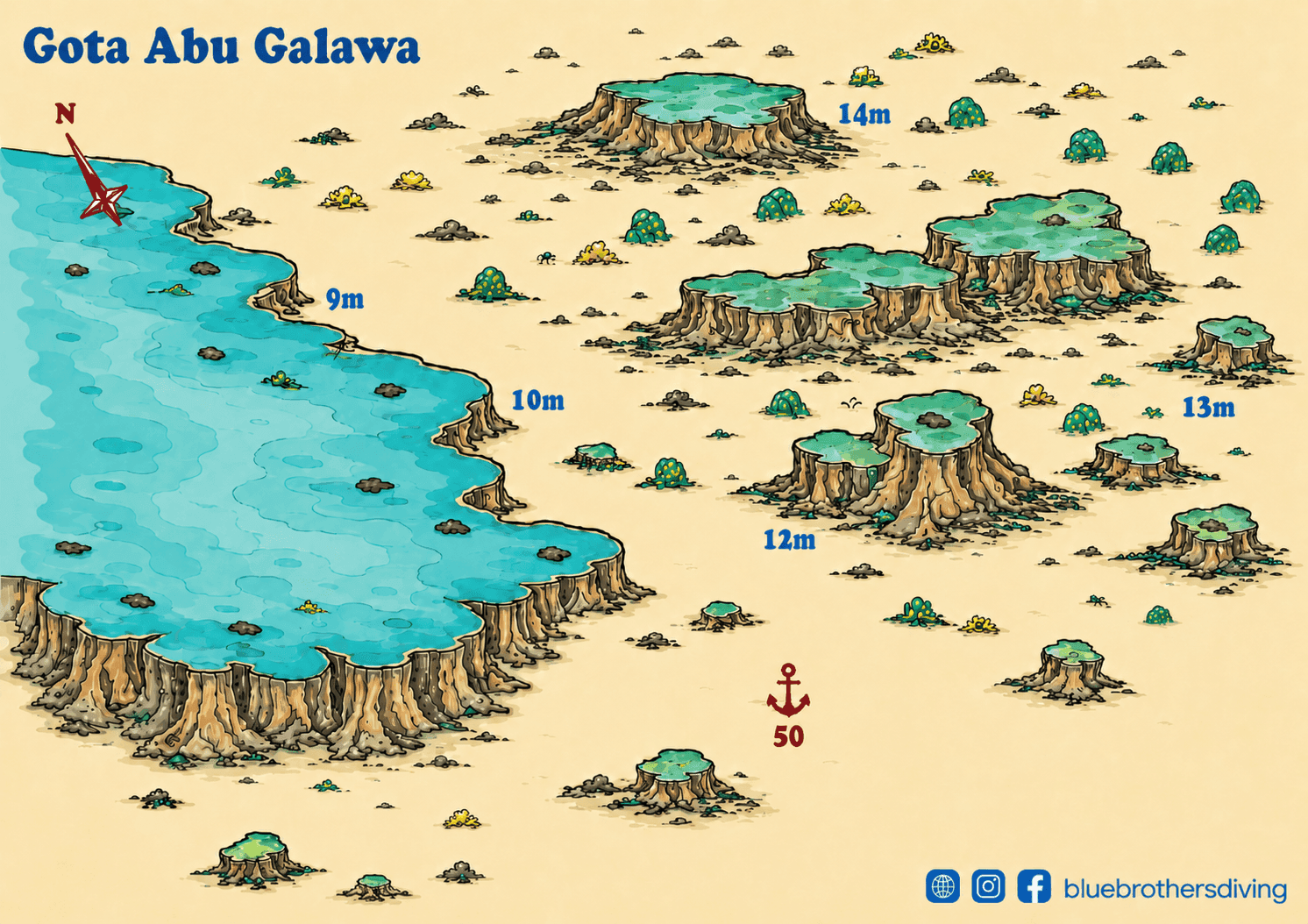 Cartoon map of the Gota Abu Galawa diving site showing coral formations and depth markers.