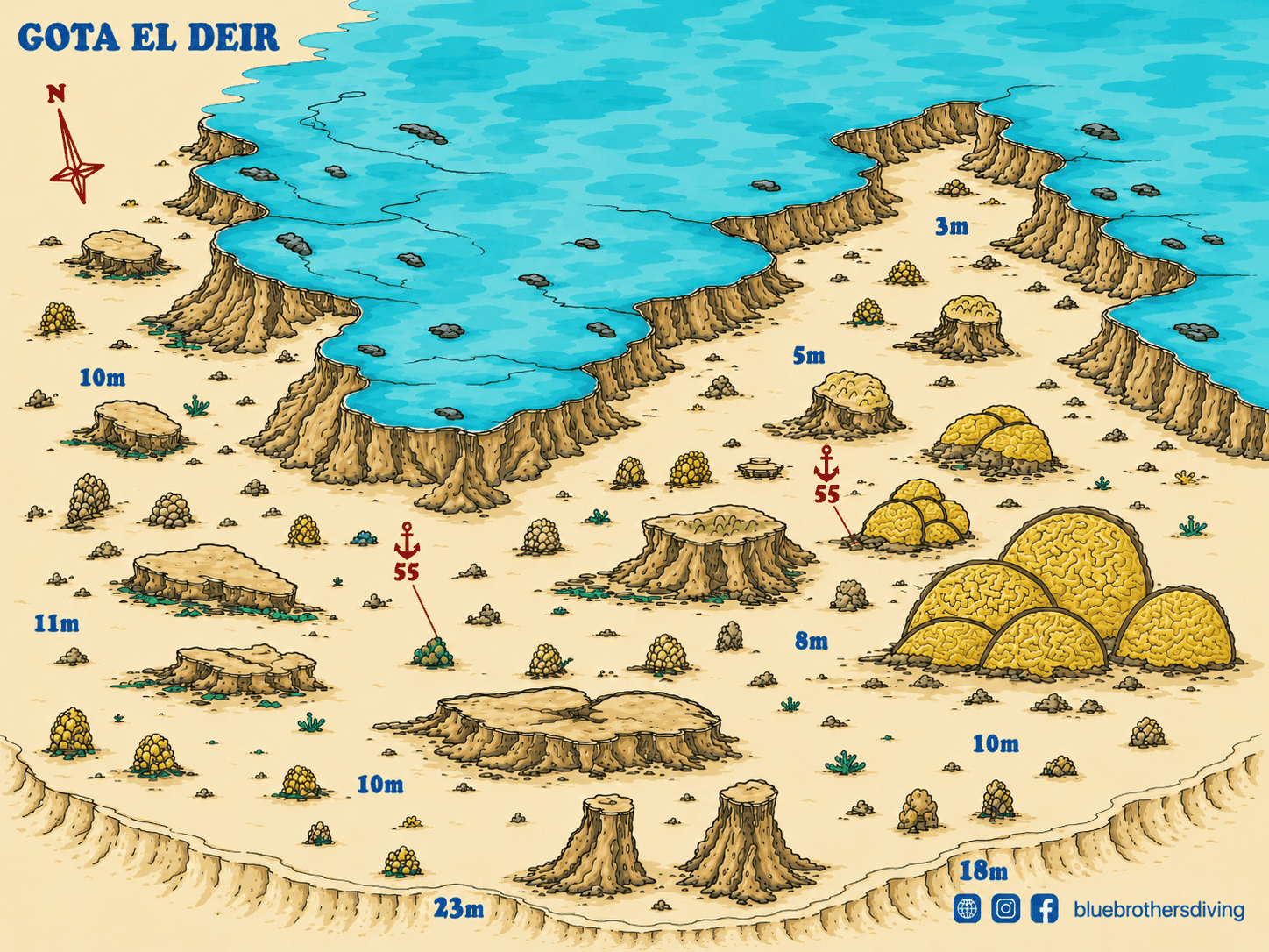 Stylized map of Gota El Deir showing desert formations, water, and marked depths.