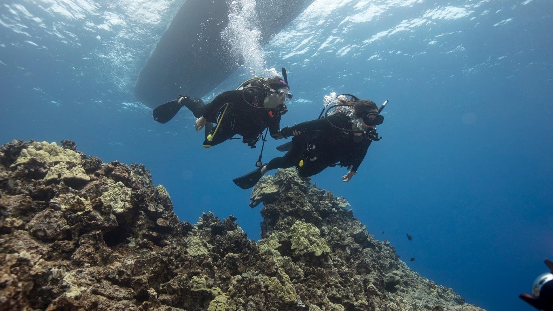 Divers practicing buoyancy near coral formations below the boat
