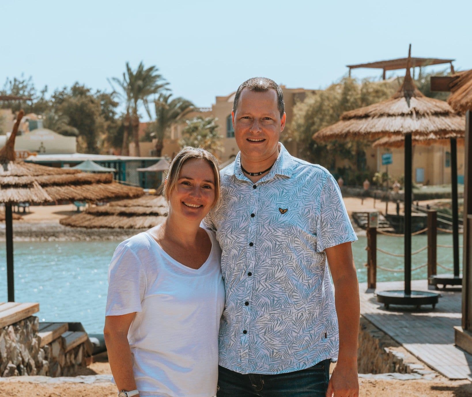 Manuela and Roman, owners of Blue Brothers Diving, by the water in El Gouna
