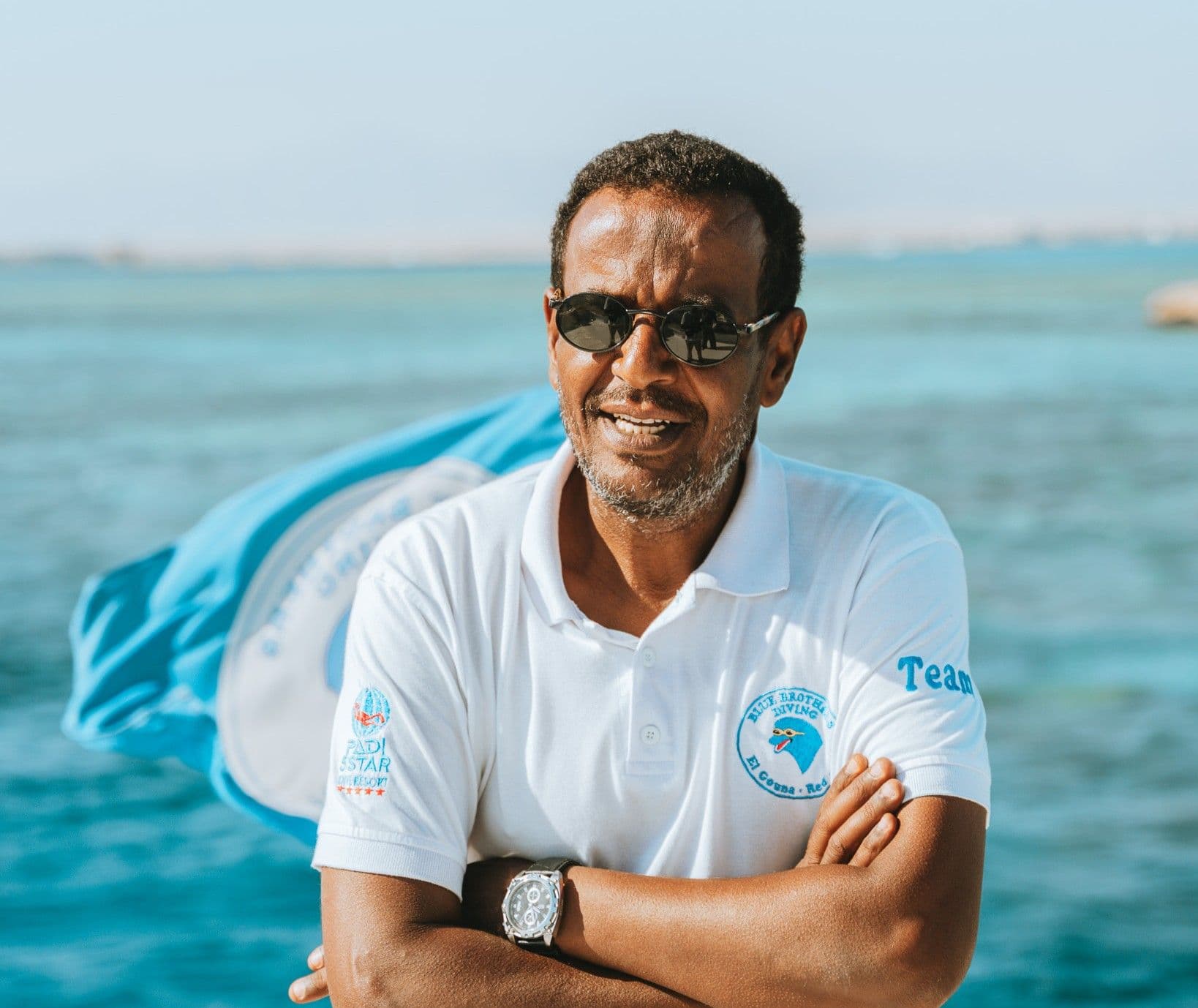 Tiger from the Blue Brothers Diving team standing by the Red Sea