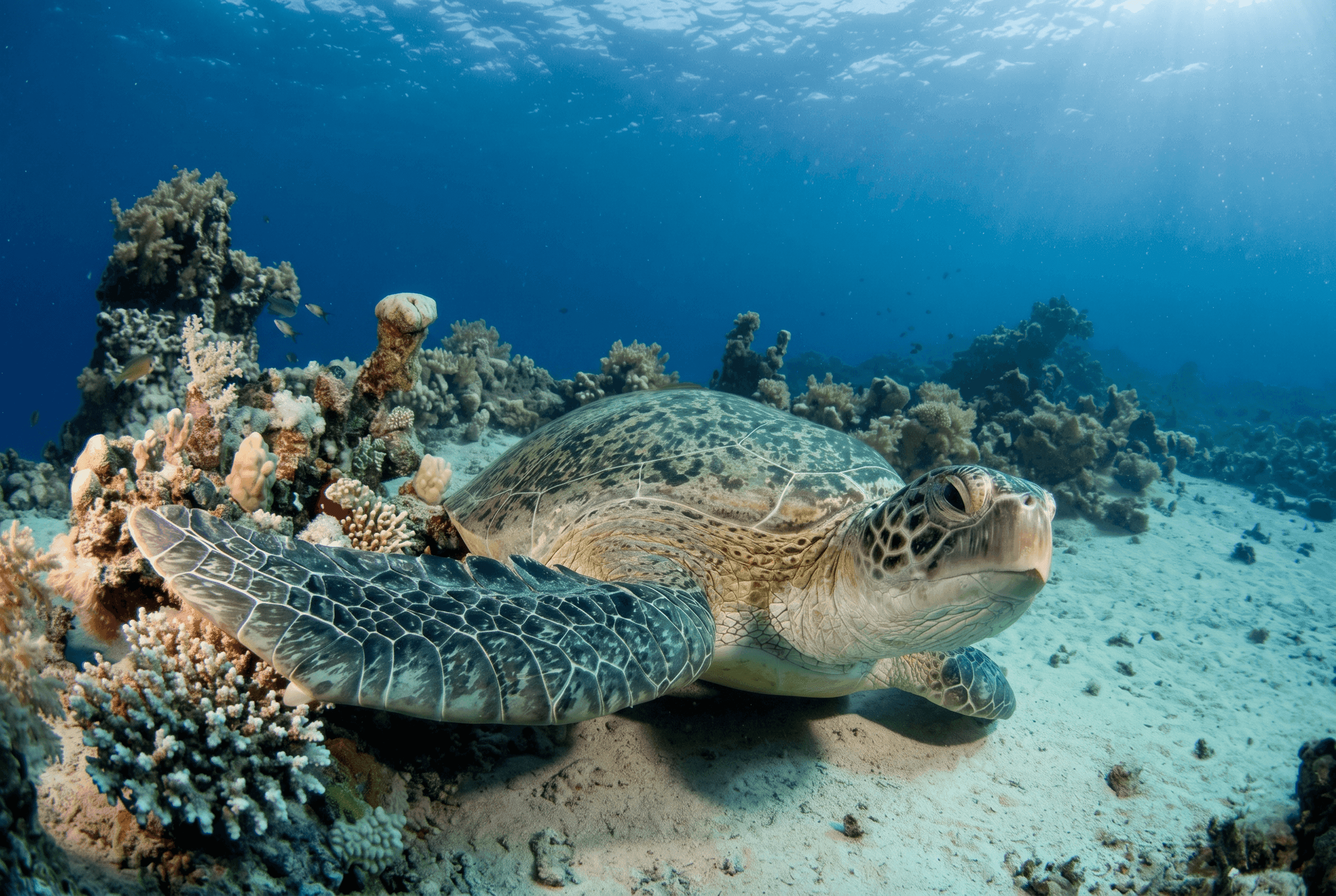 Green sea turtle resting on sandy ocean floor surrounded by various coral formations.