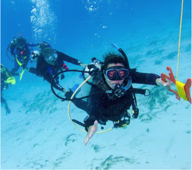 Drift divers swimming with a surface marker buoy in the Red Sea